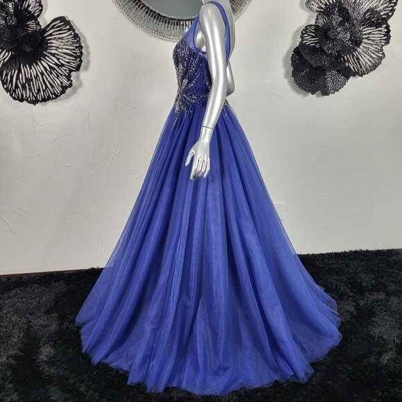 NWT~$625~FLAIR~6~BLUE BEADED EMBELLISHED FIT & FLARE PROM BALL GOWN MAXI DRESS - Picture 11 of 16